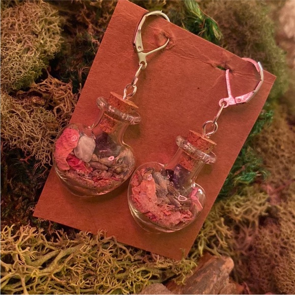 Earrings handmade Bottle Heart Love Herbal 
Rose Amethyst Salt Lavender witchy - Picture 4 of 10